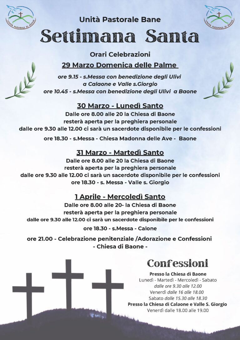 Avvisi UP Baone dal 29 marzo al 12 aprile 2026 e Settimana Santa